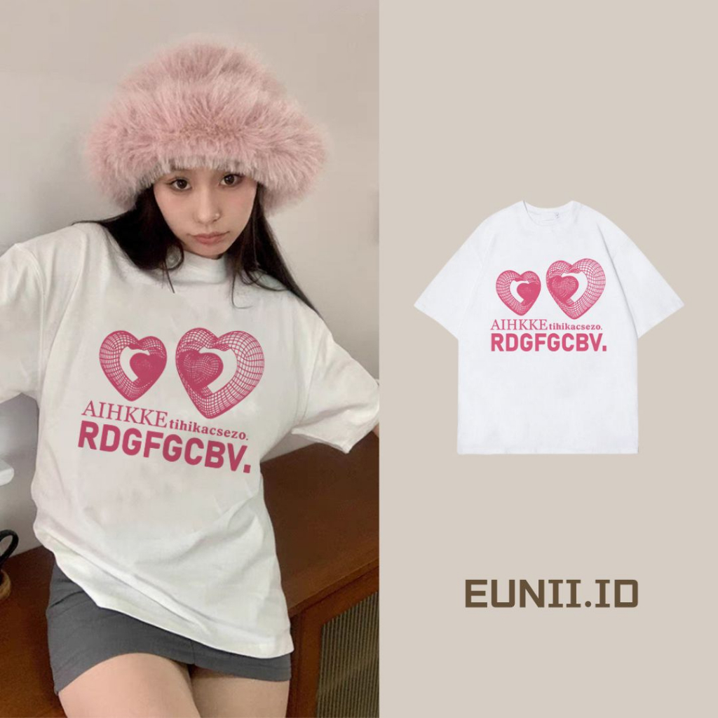 EUNII T-shirt Lengan Pendek Cartoon Pink Heart Printing Korean Style/Kaos Atasan Wanita/Baju Wanita/Kaos Wanita