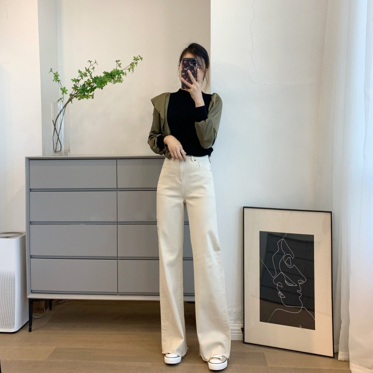 Krem Korean Highwaist Loose Celana Jeans Wanita Rawis