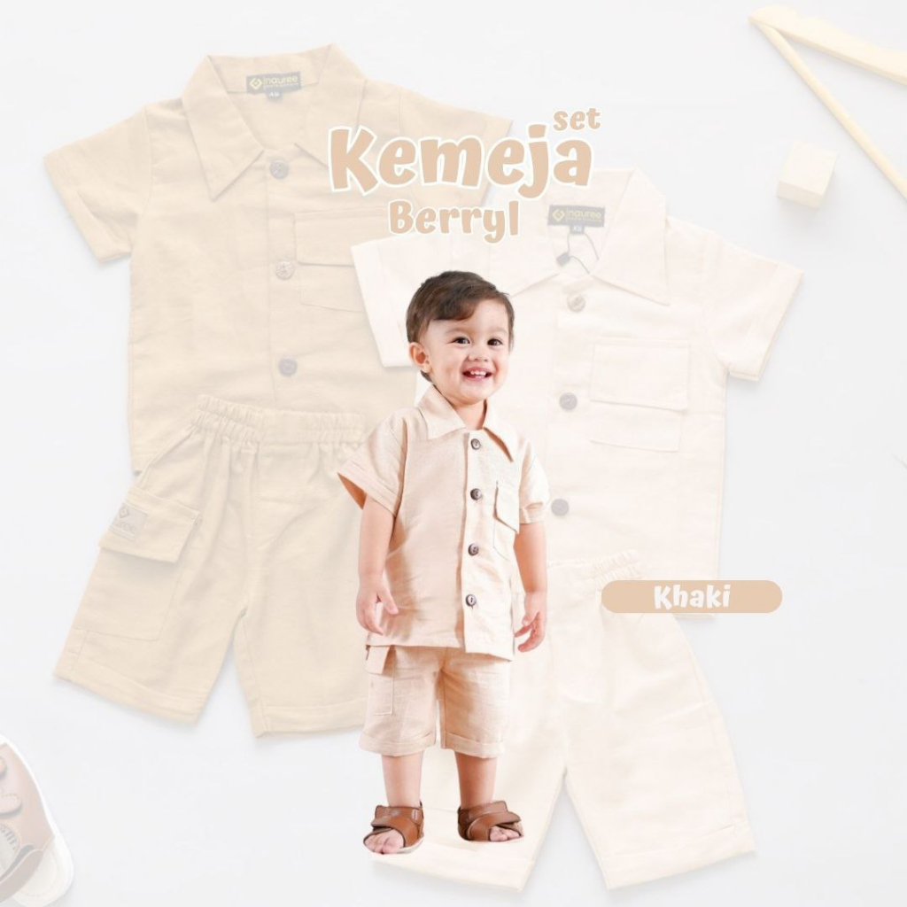 Nauree - Setelan Kemeja Berryl Celana Pendek Selutut Untuk Umur 3 Bulan 1 2 4 5 6 Tahun Bahan Katun Linen Tampil Modis Stylish Nyaman Tersedia Kantong dan Saku Tebal Kualitas Premium