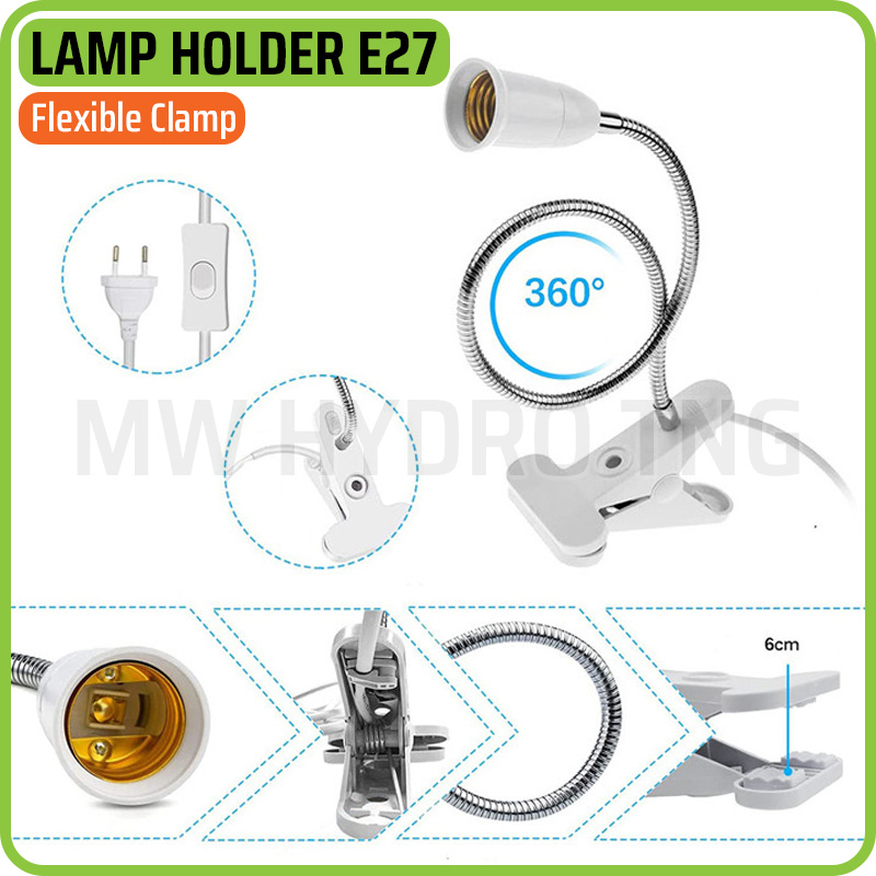 Fitting Jepit Lampu Fleksibel dengan Saklar, Flexible E27 Lamp Holder Clamp &amp; Switch