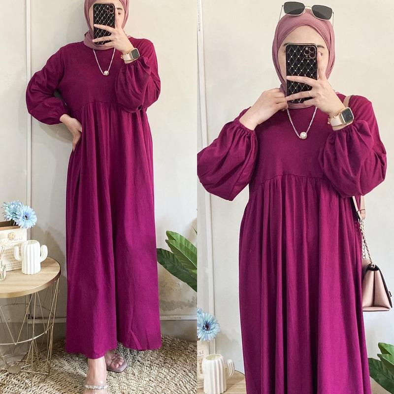 Belina Midi Dress Kekinian Crinkle Airflow Premium Daily Dress Korean Style Rempel Lengan Panjang Terbaru Gamis Lengan Karet