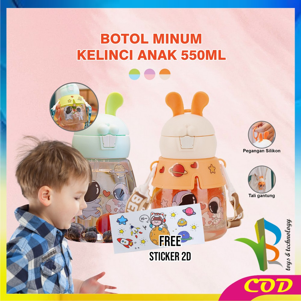 RB-C829 Botol Minum Anak 550ML Motif Kelinci Bunny Botol Air Minum Anak / Tempat Minum Anak dengan Sedotan Tali Panjang Anti Pecah Anti Tumpah