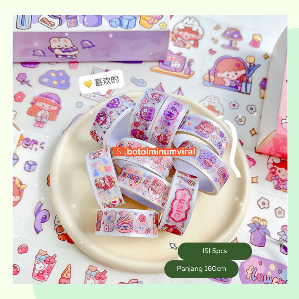 Sticker Momo Kartun Korea Lucu Set Roll Washi Tape Glitter New Viral