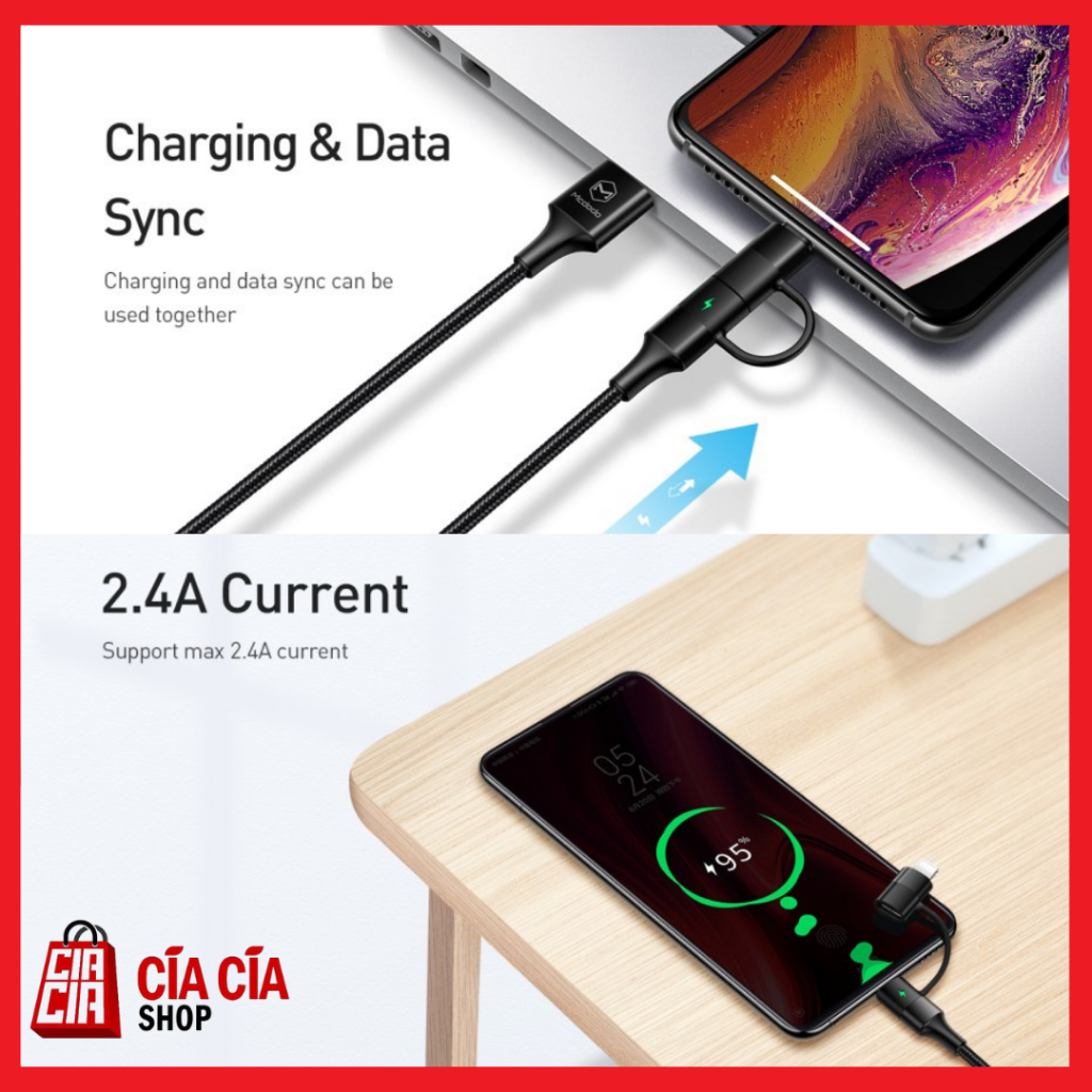 MCDODO CA-6800 Kabel Charger Usb To Type C + Lightning Cable 2 In 1 Led QC 4.0 Fast Charging 3A Kabel USB Lightning + Type C