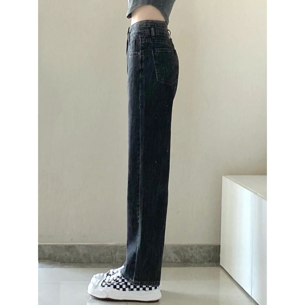 Hitam Highwaist Loose Kulot Celana Jeans Wanita Kasual Import