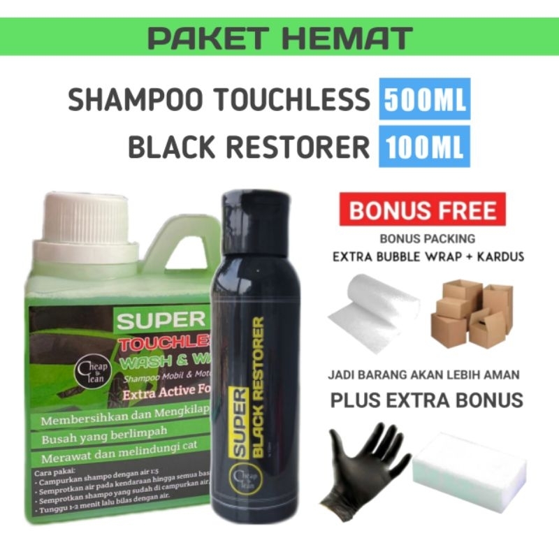 PAKET SHAMPOO TOUCHLESS 500ML DAN PENGHITAM BODY 100ML UNTUK MOTOR DAN MOBIL