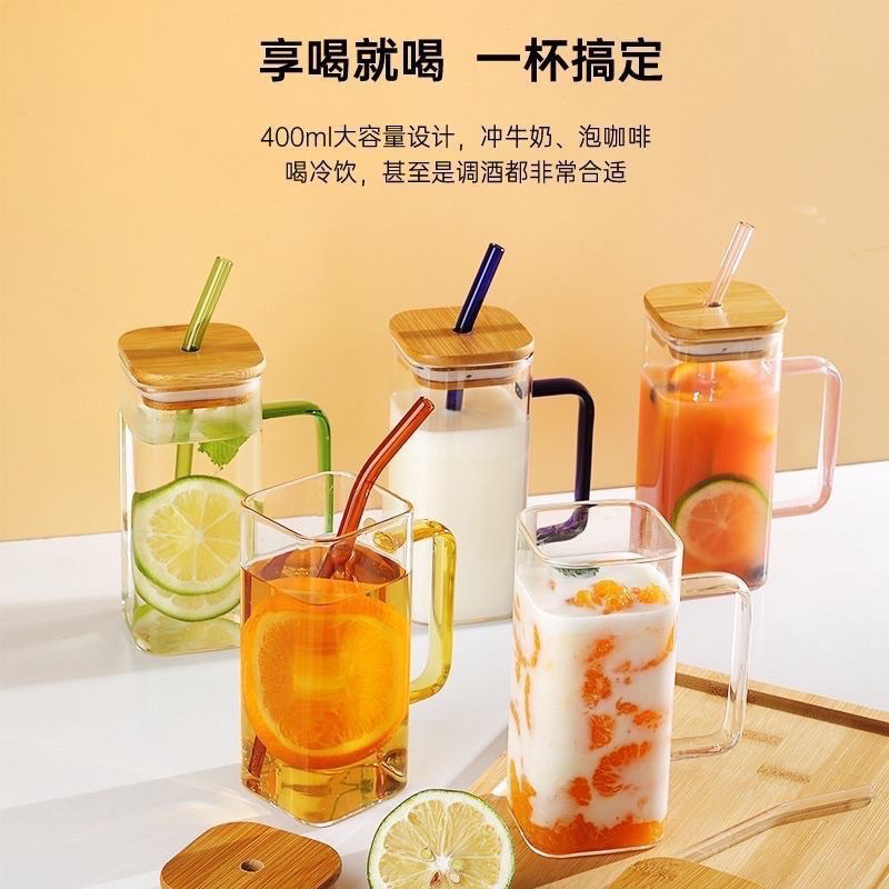 (400 ML) GELAS KACA KOTAK DENGAN SEDOTAN WARNA / GELAS KACA KOREA KOTAK