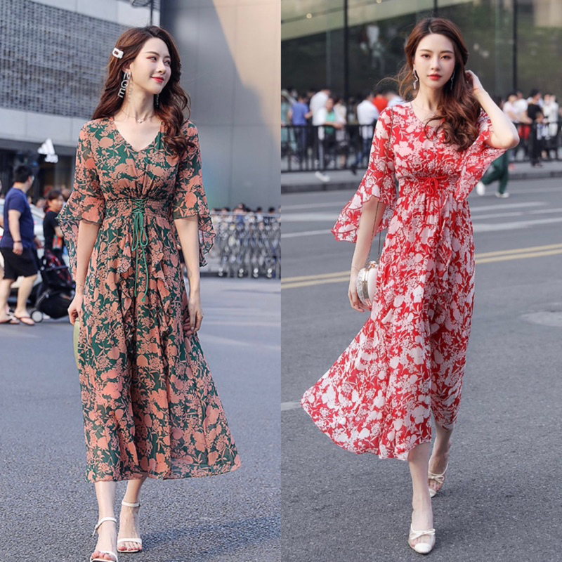 MYVILE - Beverlina Drawstring Dress Import / Maxi Dress Korean Style / Dress Panjang Motif Bunga