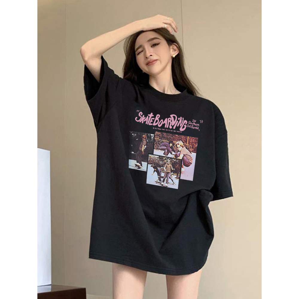 Baju kaos wanita lengan pendek american retro oversize printed T-shirt kekinian basic cream kaos