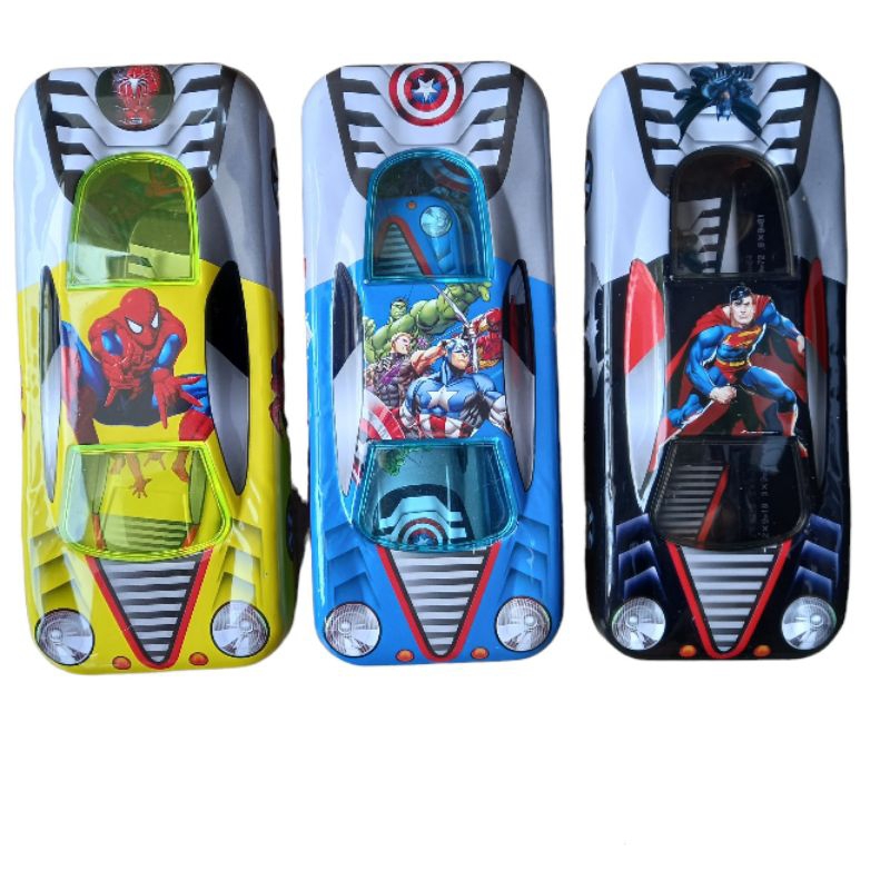 

Tempat pensil mobil karakter spiderman, avengers, superman + bonus anak / Kaleng pensil mobil body lebar ada jendela warna + bonus anak / Kotak pensil mobil susun + anak
