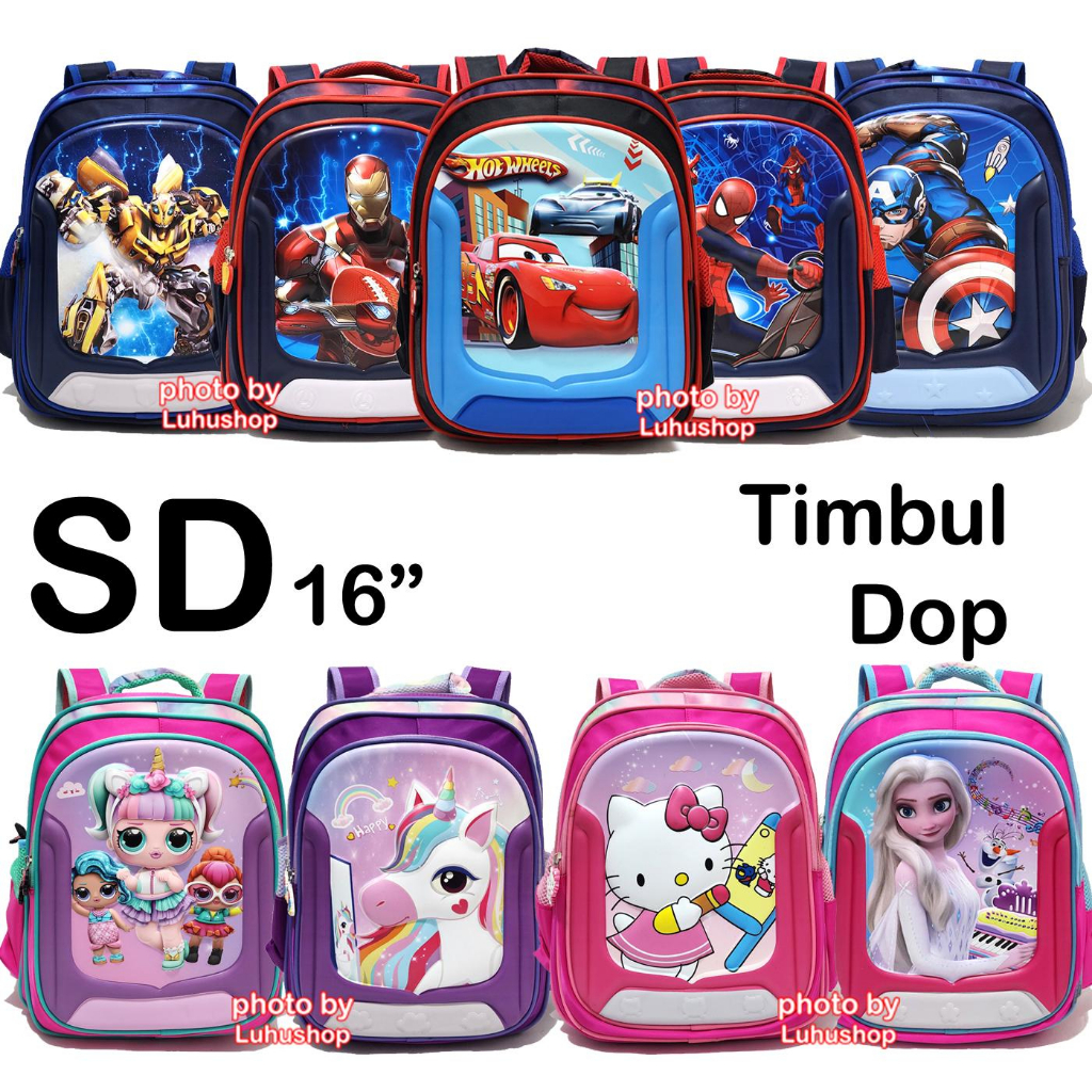 Tas SD Ransel Anak Sekolah Cewe Perempuan Kuda Unicorn Elsa Batmen Spidermen Kaptain Timbul Prosen Tas anak laki laki Tas anak perempuan 2161 3522