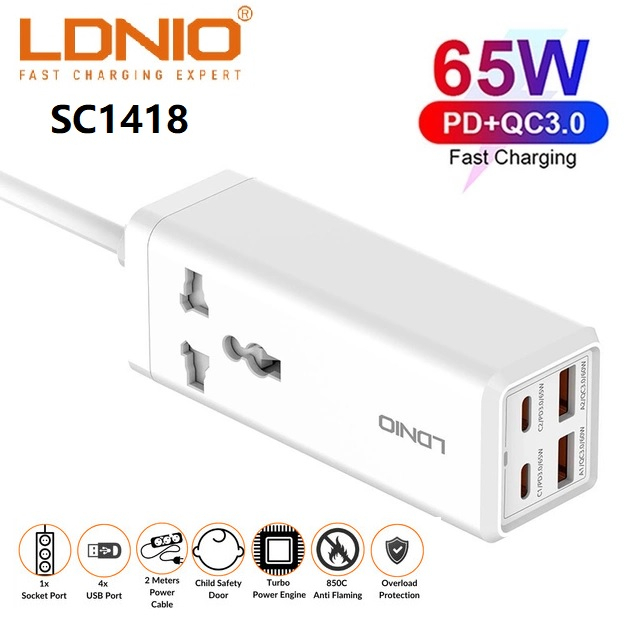 LDNIO SC1418 - Desktop Power Strip 65W MAX - 1 EU Socket and 4 USB - Colokan Ekstension 2 Meter - USB 4 Port dan 1 Socket Listrik