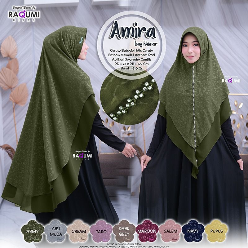 Khimar Best Seller || Amira Long Khimar ORI Raqumi Hijab Bahan Ceruty Babydoll Mix Ceruty Emboss Mew