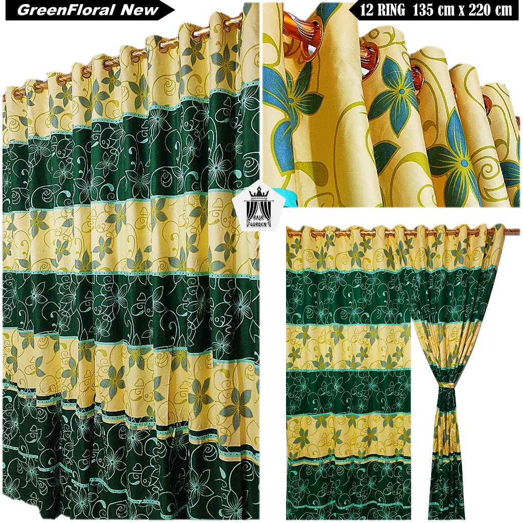 Hordeng Jendela Gorden Tirai Pintu Kamar Minimalis Model Smokring 12 Ring Motif Bunga Hijau Kuning G