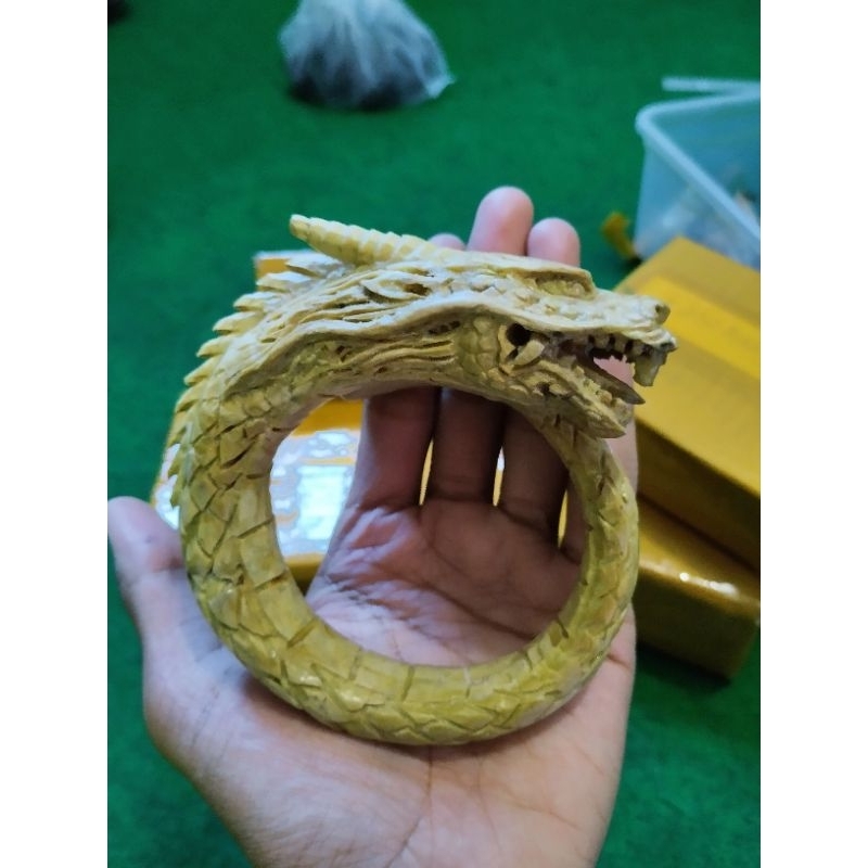 gelang akar bahar putih full ukir motif naga