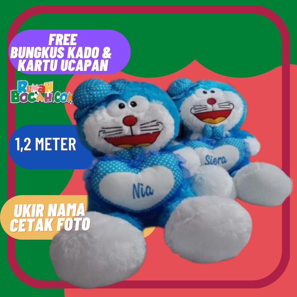 Boneka Doraemon 1,2 Meter Jumbo Besar Topi Love Ukir Nama Ucapan Cetak Foto untuk Kado Ulang Tahun A