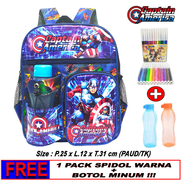 Tas Ransel anak Sekolah PAUD/TK karakter CAPTAIN AMERICA free botol // Tas ransel CAPTAIN AMERICA