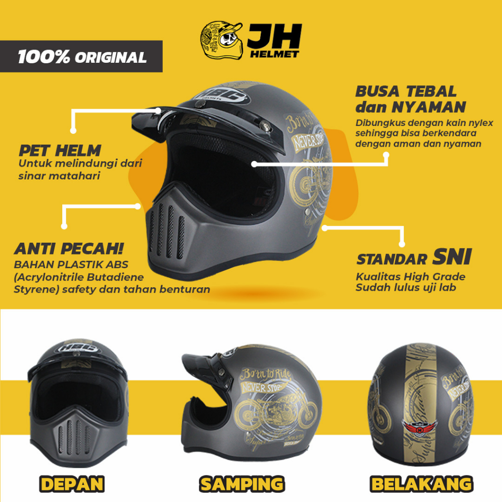 Helm Cakil HBC Born To Ride Grey Doff + FREE GOGGLE | Retro Full Face | JUAL HELM