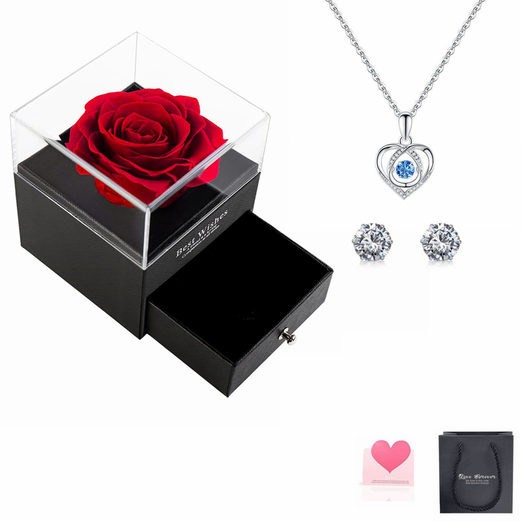 Topspot Berdetak jantung Kalung Preserved Red Rose Asli dengan Kalung Hati earrings 925 Sterling perak Kalung Pengakuan Penuh Kasih Hadiah Ulang Tahun untuk Wanita Pacar