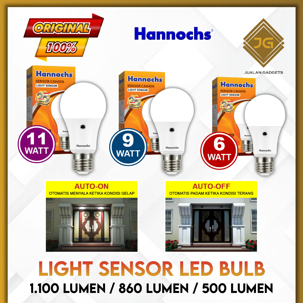 GARANSI 1 TAHUN !! HANNOCHS LIGHT SENSOR LED 6 watt dan 9 watt Lampu Sensor Cahaya