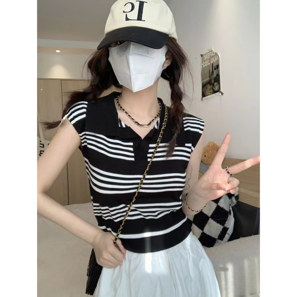 Mutia Striped Sleeveless Vest - Atasan Wanita Rajut Import TM (M2808)