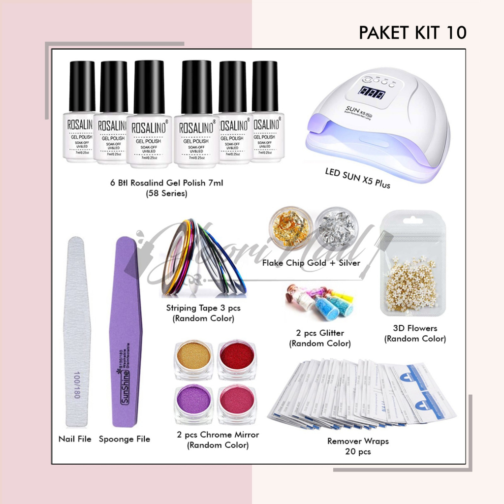 Nail art kit package 10 perlengkapan nailart paket gel polish paket gel color nail art led  hiasan kuku lengkap