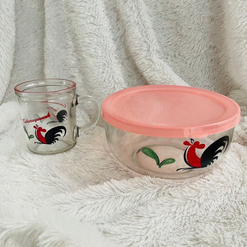 mangkok gelas bowl kaca bening ayam jago