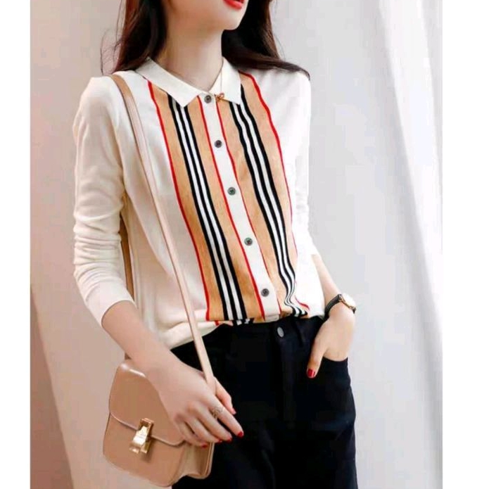 6335 Baju atasan kemeja RAJUT KNIT salur garis lengan panjang hitam putih Korea Korean style wanita 