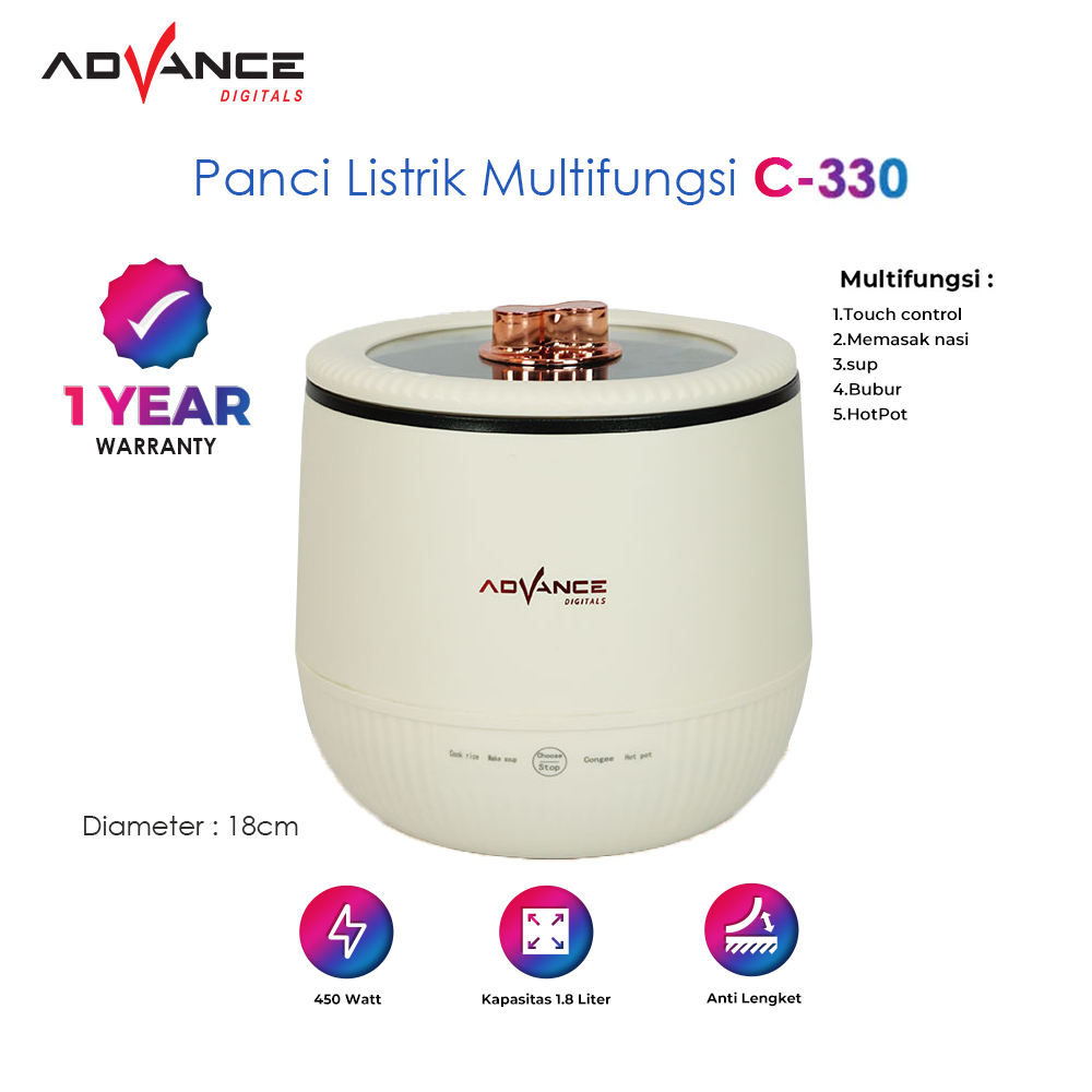 ADVANCE Panci Listrik Multifungsi 1.8L (Nasi / Sup / Bubur) Sentuh 450W Rice Cooker Mini C-330