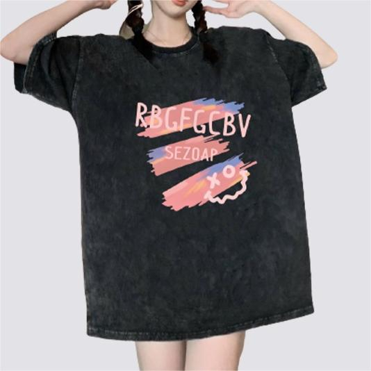 XIAOZHAINV Korean Style Letter Graffiti Pattern Washed Printing Kaos Wanita