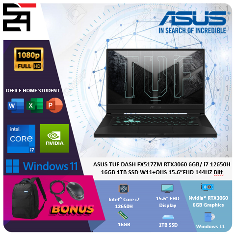 Asus TUF DASH FX517ZM RTX3060 6GB i7 12650H 16GB 1TB SSD W11 OHS 15.6 Inchi FHD 144Hz