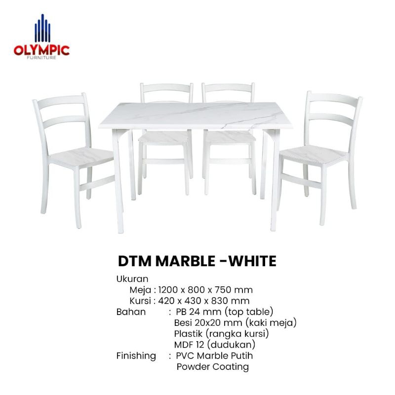 Meja Makan 4 Kursi Motif Marble / Dining Table Marble - Olympic DTM Marble White