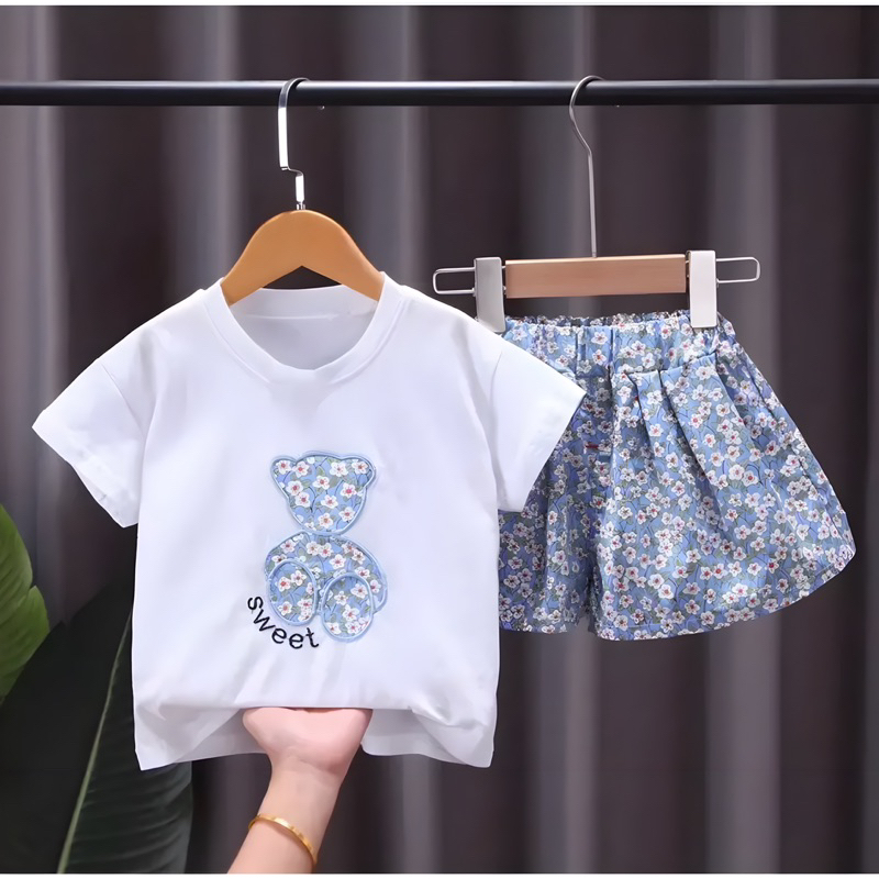 SETELAN BAJU ROK BAYI ANAK PEREMPUAN MOTIF SWEET BEAR FLOWERS USIA 6 BULAN-5 TAHUN BEST TRENDY BAHAN KATUN