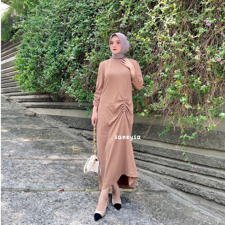 Yumna Dress - Dress Kondangan - Dress Korea - Basic Dress Casual - Dress Serut - Gamis Knit - Dress Pesta Hijab Friendly - Puffy Dress