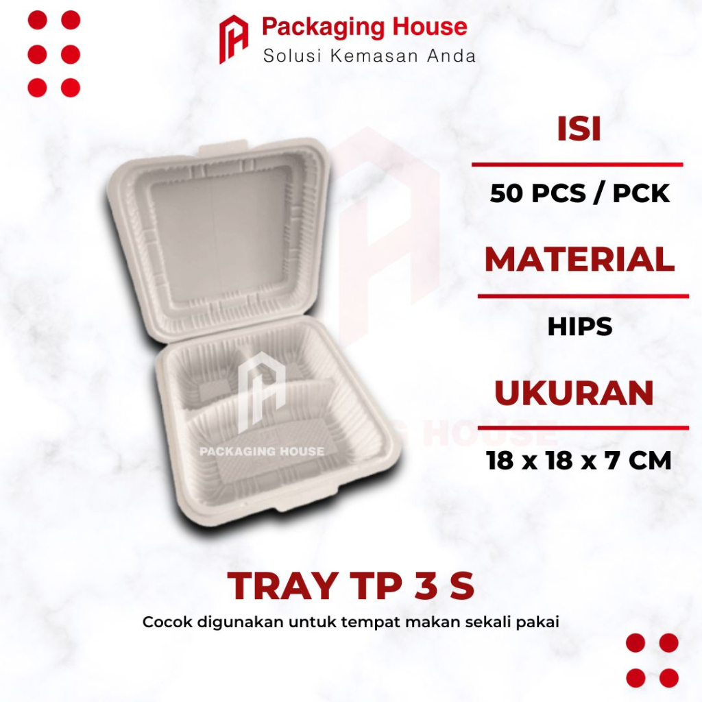 Meal Box Polos Sekat 3 isi 50 pcs  | Meal Box Kotak Makanan Sekat 3 uk 18 cm | Tray TPF 3 S |