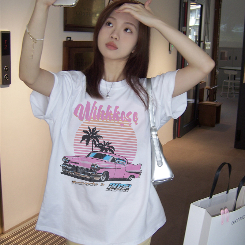 Print T-shirt Kaos Lengan Pendek Vintage Sunset Car Oversize Atasan Wanita Korean Style