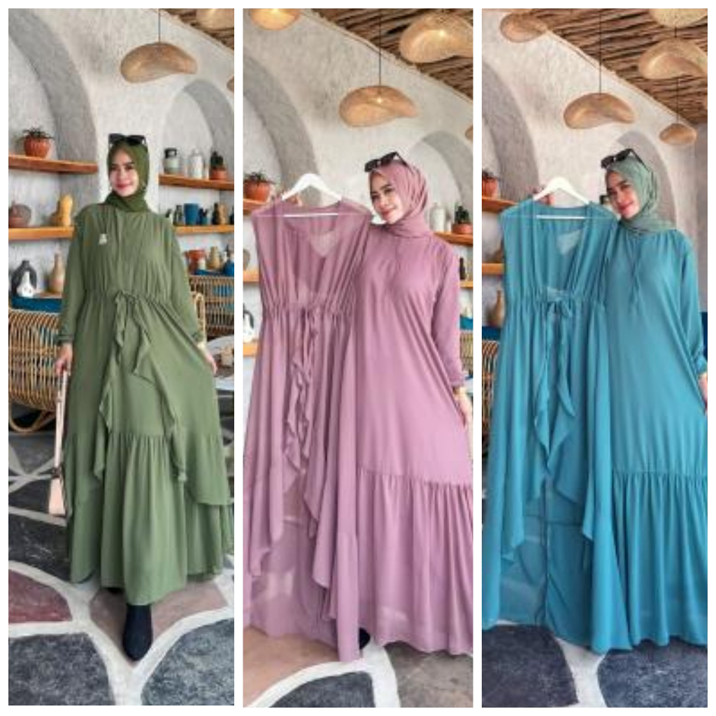 Arini gamis set long cardi dress kondangan terbaru maxi dres ceruty babydoll