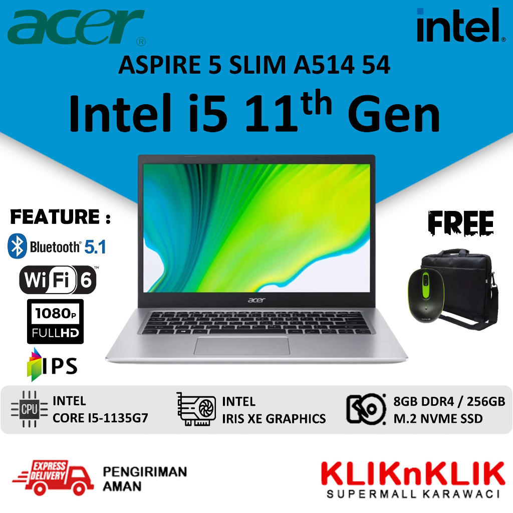 LAPTOP ACER ASPIRE 5 SLIM A514 54 INTEL I5 1135G7 8GB SSD 512GB 14 INCH FULL HD IPS WIN 11 HOME