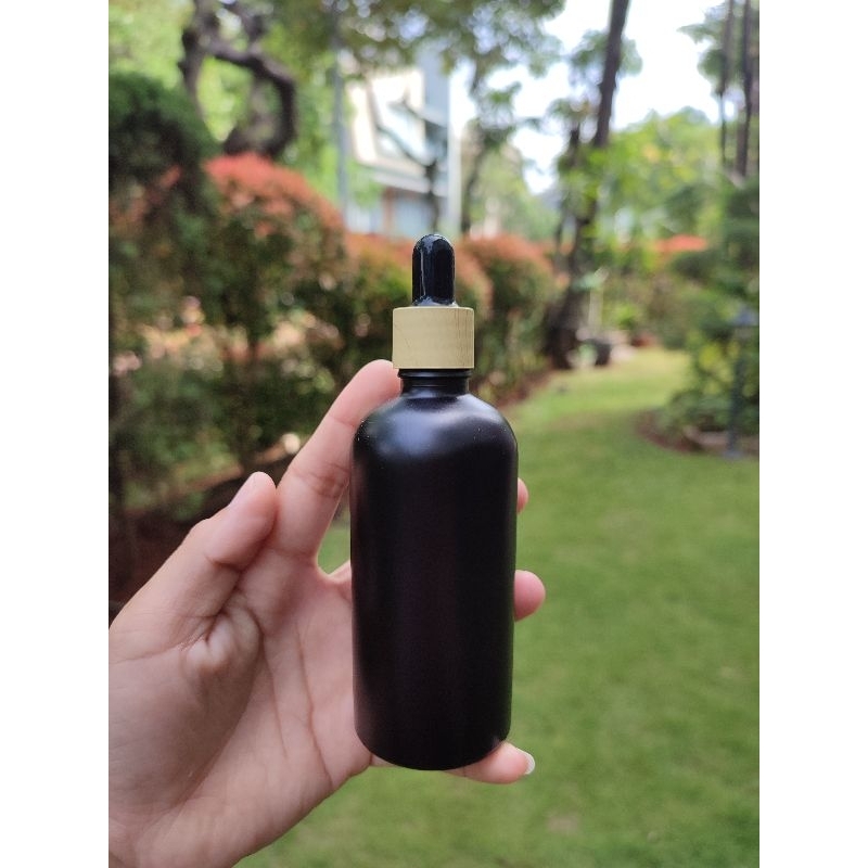 Botol Kaca Hitam Doff Serum Pipet Botol Kayu Skincare Botol Kosmetik 100ml Botol Kosong Black Doff B