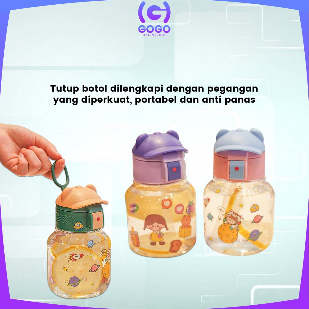 GOGO-C827 Botol Minum Anak Karakter BPA FREE Motif Topi 580ML dengan Sedotan / Tempat Minum Lucu dengan Pegangan Silikon Anak Tumbler Portable Food Grade