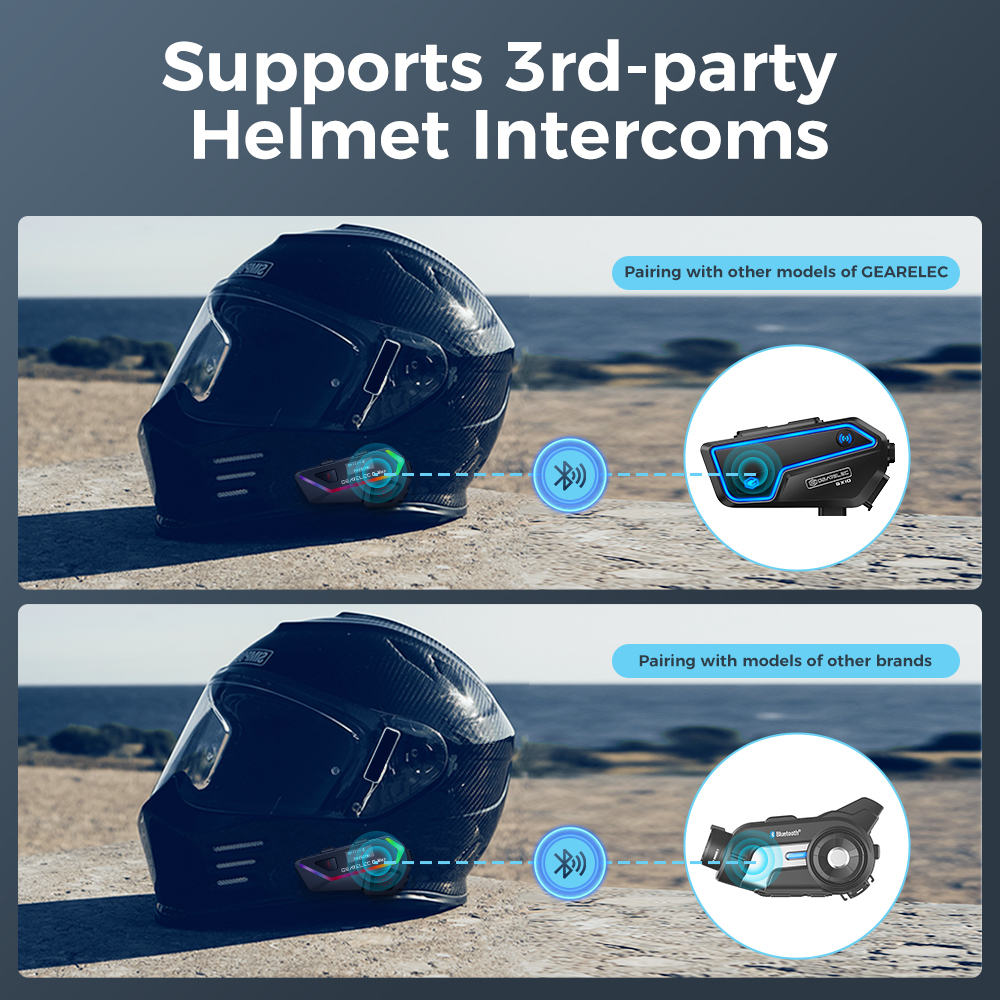 Intercom Helm GEARELEC G-Max Helm Sepeda Motor Headset Interkom Bluetooth 2000m 6 Pengendara BT 5.2 Sistem Komunikasi Nirkabel Interfon dengan Lampu Layar Pintar Music Sharing Radio FM