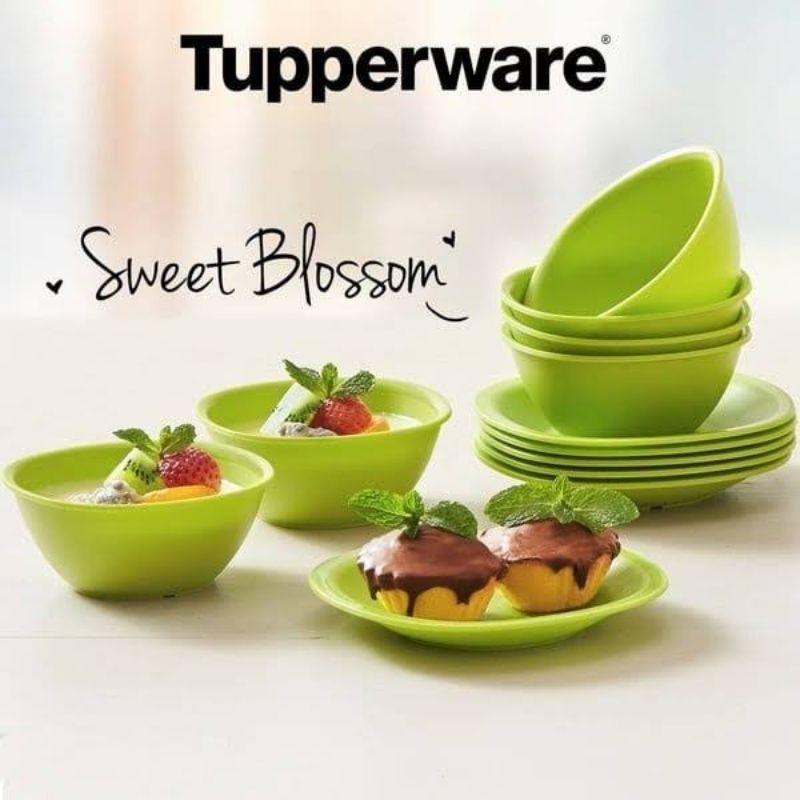 TUPPERWARE Sweet Blossom ECER // Set Dessert Bowl dan Dessert Dish Mangkuk Wadah Piring Saji Hijau C