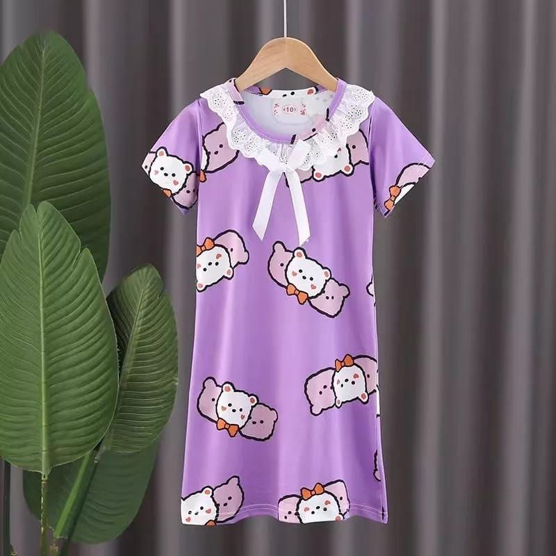 [5-12Th] baju tidur daster dress leher renda kartun karakter import 5 6 7 8 9 10 11 12 tahun xs-0308r / piyama daster anak import printing karakter kartun 5 - 12 tahun