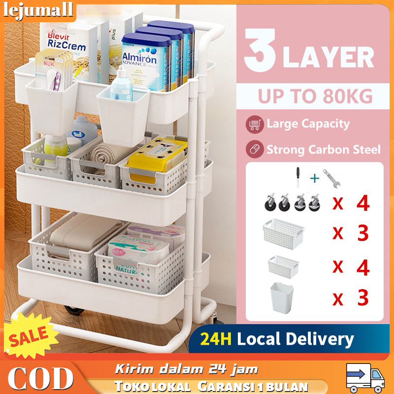 Rak Troli Keranjang Trolley Organizer Bayi Baru Lahir Organizer Dengan Keranjang Lebar 3-Tier Keranjang Utilitas Kamar Tidur