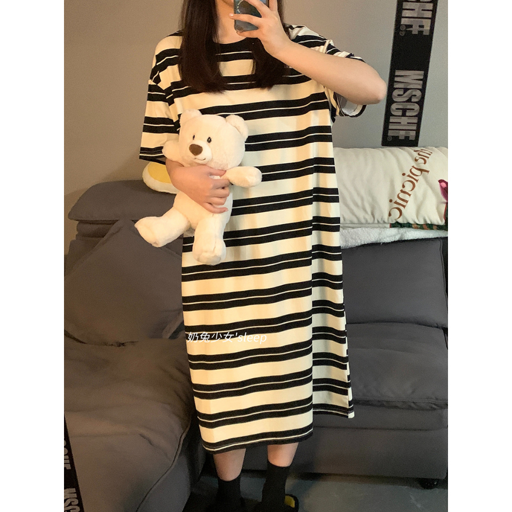 Dress Panjang Sweet Import Cute Dress Santai Dress Katun Manis High Quality Biru Hitam Putih Garis DP588