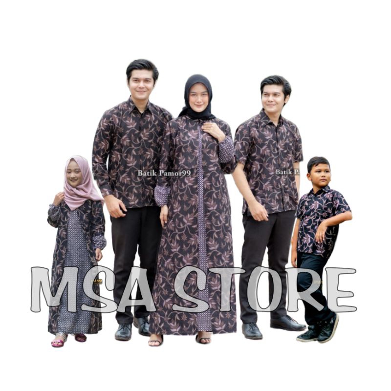 Batik Couple Keluarga Modern Terbaru Set Sarimbit Gamis Keluarga Kemeja dan Hem motif daun hitam