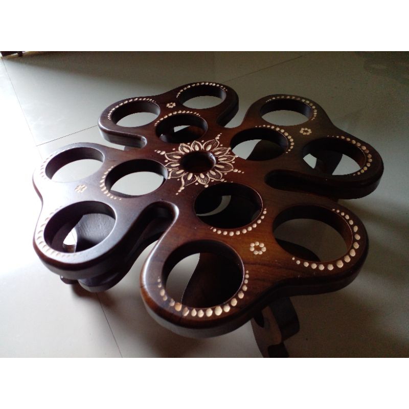 tempat air mineral gelas model semanggi dari kayu jati asli isi 12lubang