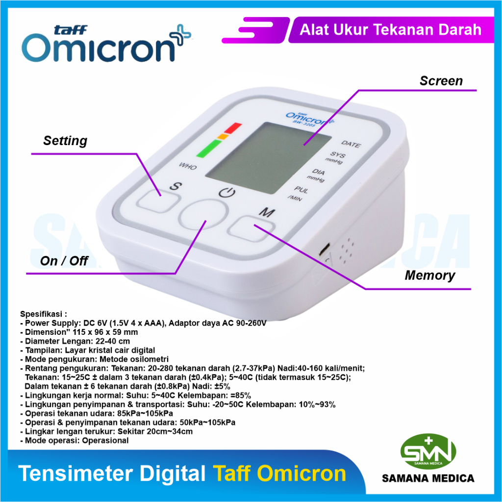 Tensimeter Digital Dengan SUARA Taff Omicron BW-3205 Sphygmomanometer Pengukur Tekanan Darah - FREE BATERAI