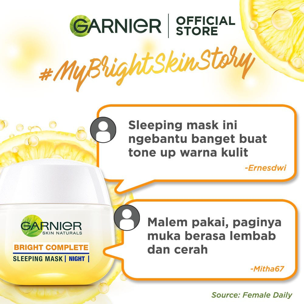 (Night Cream) GARNIER BRIGHT Light Complete Night Yoghurt White Sleeping Mask 50 ml / 20 ml Kuning - Krim Masker Wajah Malam Ukuran Besar / Kecil