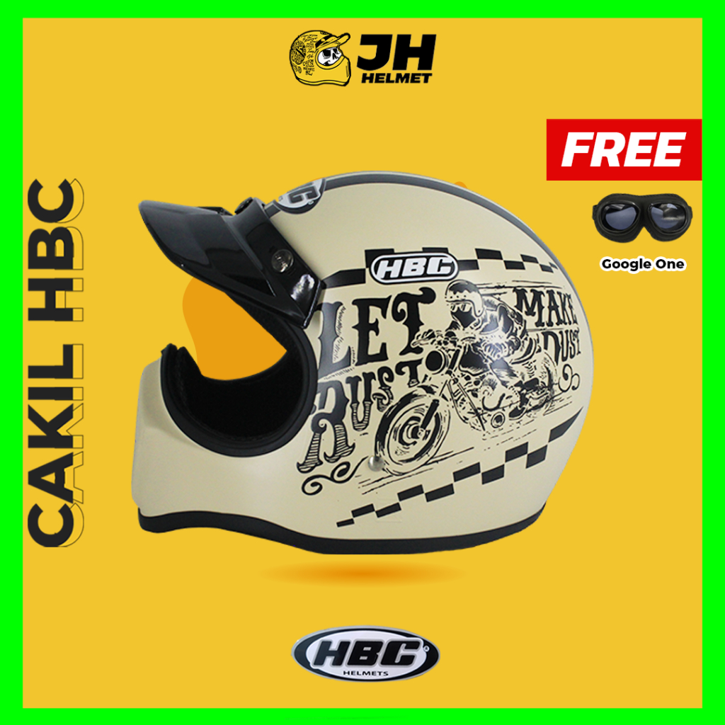 Helm Cakil HBC Rust Dust Cream Doff + FREE GOGGLE | Retro Full Face | JUAL HELM